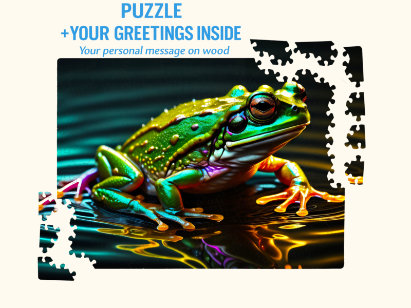 Hexagonal wooden puzzle with a vibrant green frog design, shown with loose pieces and text about greetings inside and a personal message on wood.