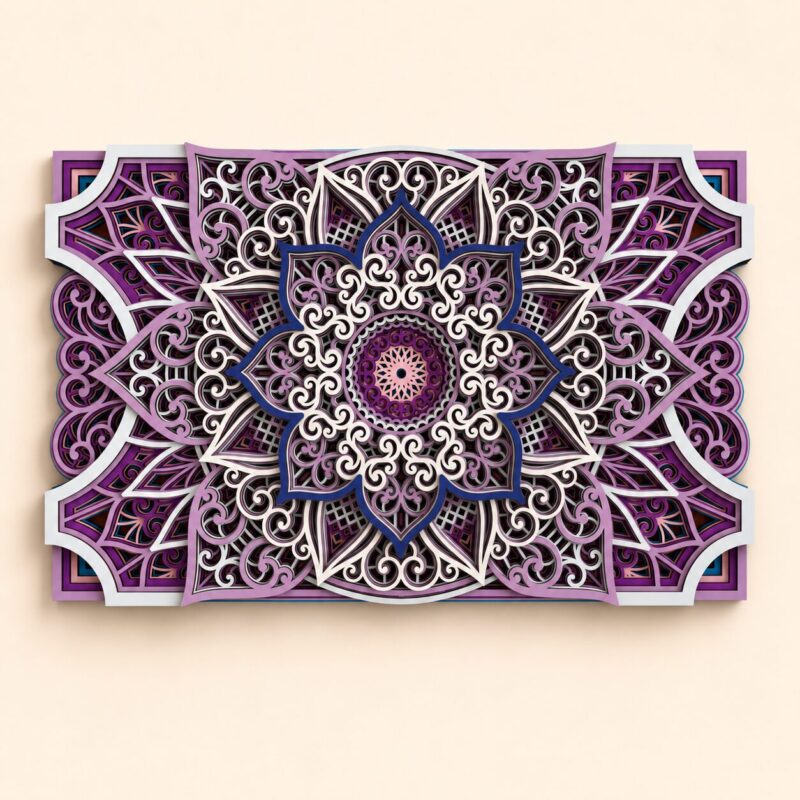 Multilayer wooden mandala wall art with purple, white, dark blue, pink, and turquoise accents, shown front-facing with ornate floral lacework and layered geometric details.