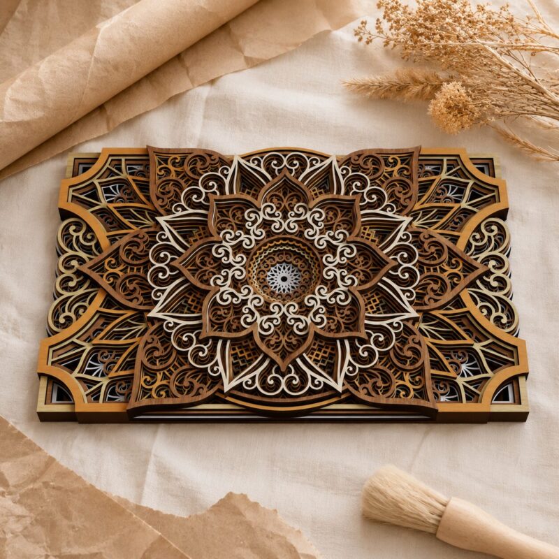 Multilayer wooden mandala wall art in warm brown, golden, cream, and white tones, shown close up on neutral fabric with dried flowers, kraft paper, and a small brush.