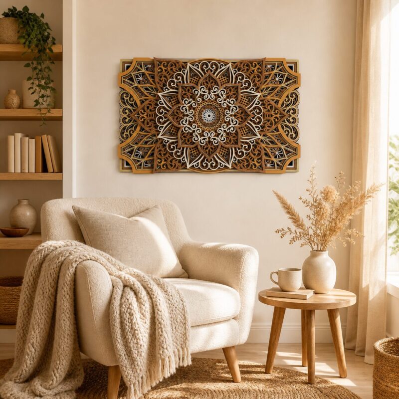 Multilayer wooden mandala wall art in warm brown, golden, cream, and white tones, displayed on a light wall above a cozy armchair in a neutral living room.