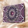 Multilayer wooden mandala wall art with purple, white, dark blue, and turquoise accents, featuring ornate floral lacework and layered geometric details on a soft beige fabric background.