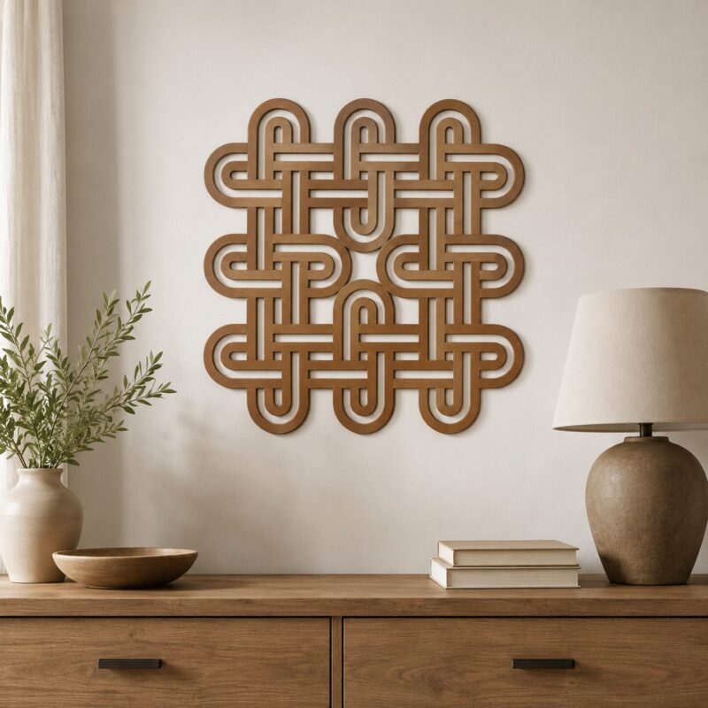 Walnut colored Celtic Knot wooden wall decor displayed above a wooden cabinet in a neutral interior
