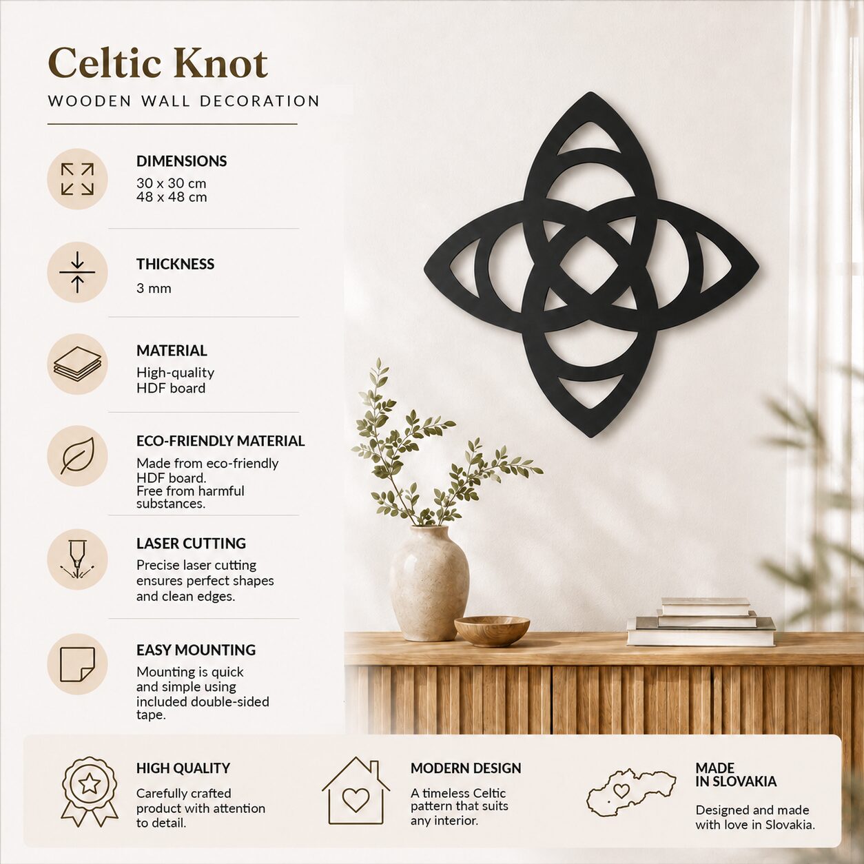 Celtic knot wooden wall decoration product infographic showing two sizes, 3 mm HDF construction, laser-cut details, eco-friendly material, easy mounting, and made in Slovakia.