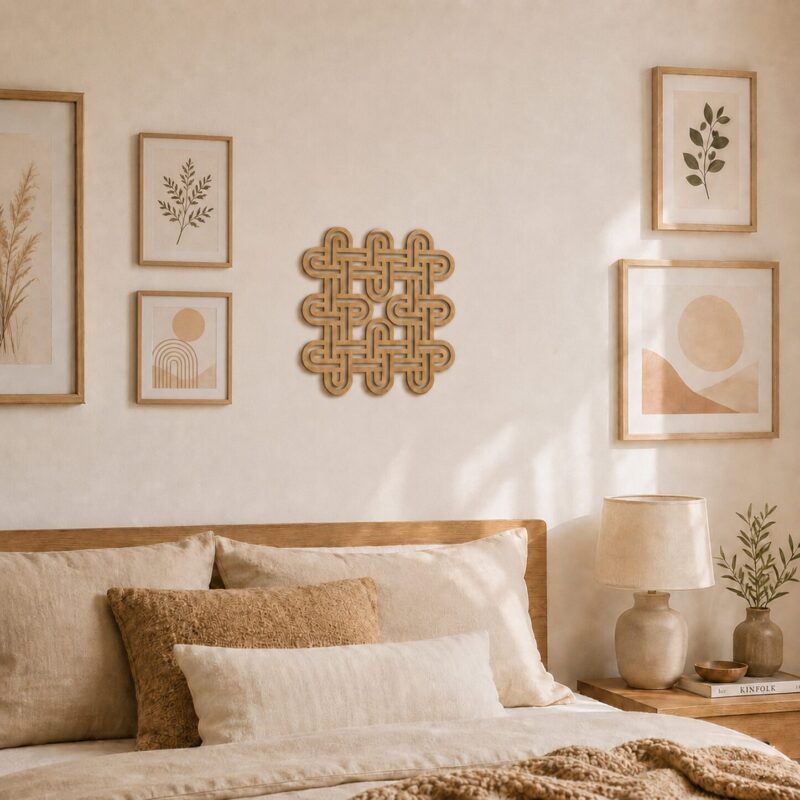 Natural wood Celtic Knot wall decor displayed above a bed in a bright neutral bedroom with framed artwork