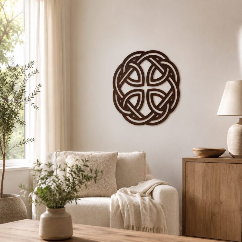 Celtic knot wooden wall decor in a walnut-style finish displayed above a cozy armchair in a bright neutral living room.