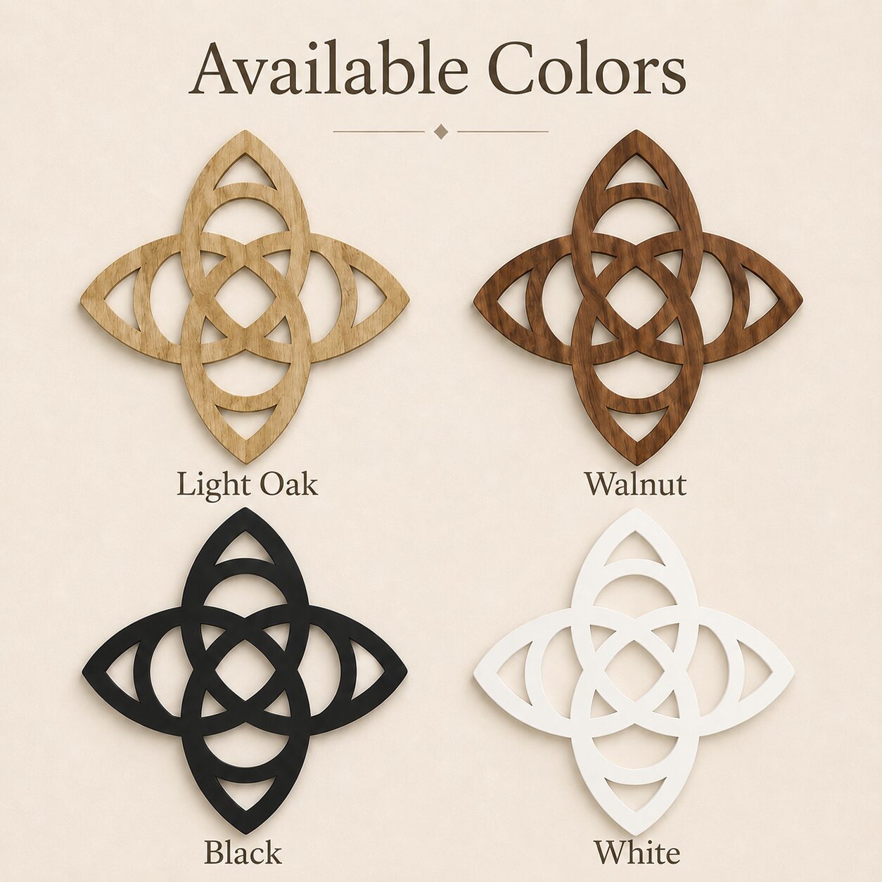 Celtic Trinity Knot wall decor color options shown in light oak, walnut, black, and white finishes.
