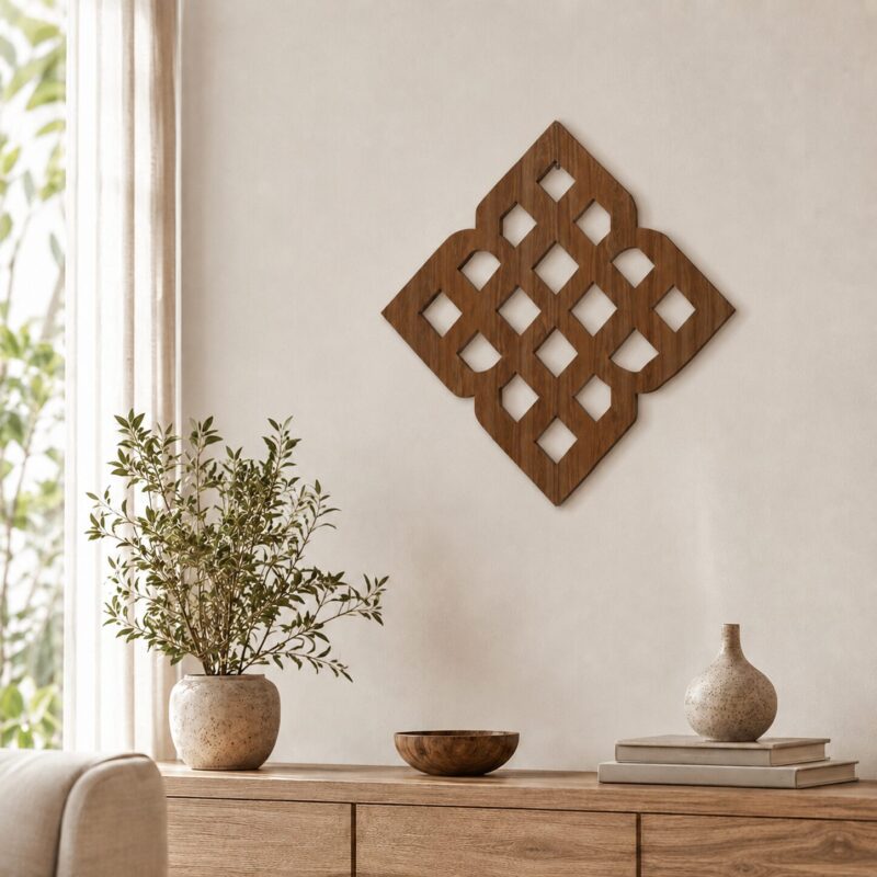 Wooden Celtic knot wall decor displayed above a bed in a warm neutral bedroom with natural wood furniture and soft textiles.