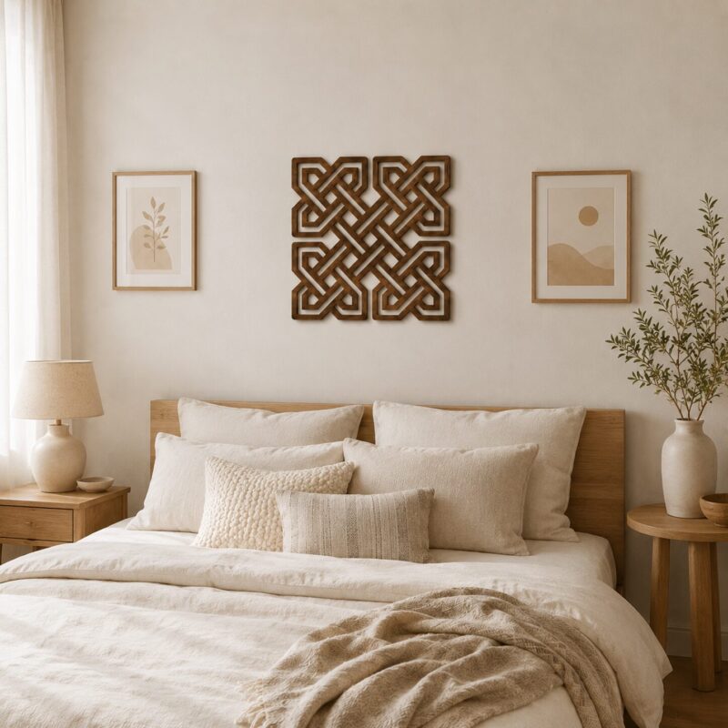 Wooden Celtic knot wall decor displayed above a bed in a warm neutral bedroom with minimalist botanical artwork.
