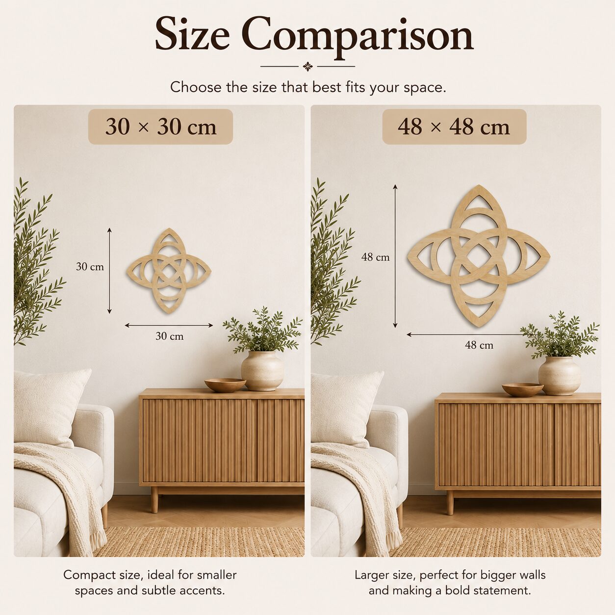 Celtic Trinity Knot wall decor size comparison showing 30 x 30 cm and 48 x 48 cm versions in a neutral living room setting.