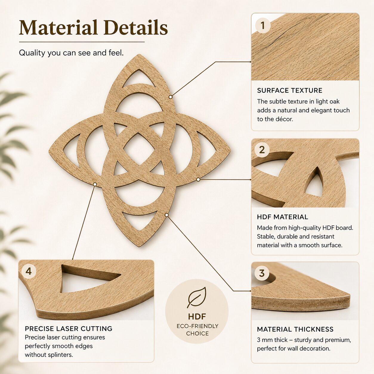Celtic Trinity Knot wall decor material infographic showing light oak surface texture, high-quality HDF board, 3 mm thickness, and precise laser-cut edges.