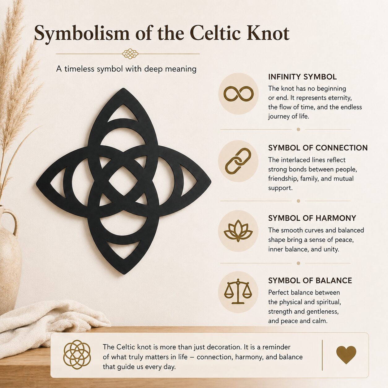 Celtic Trinity Knot wall decor symbolism infographic highlighting infinity, connection, harmony, and balance in a black interwoven design.