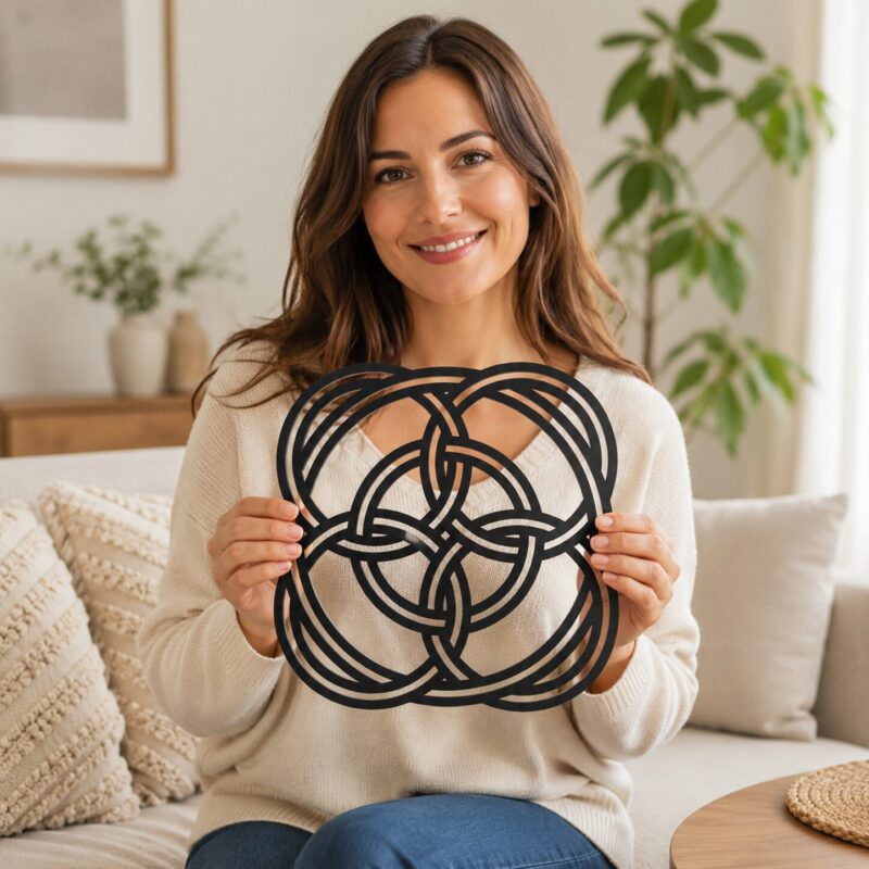 Woman holding black Celtic Knot wooden wall decor in a bright living room