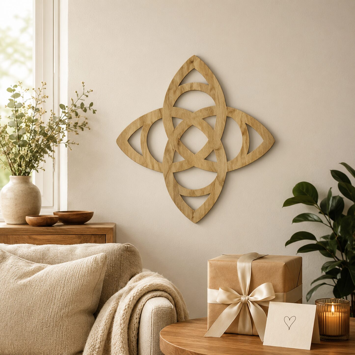 Light wood Celtic Trinity Knot wall decor displayed in a warm neutral living room beside a gift box, greenery, candle, and cozy armchair.