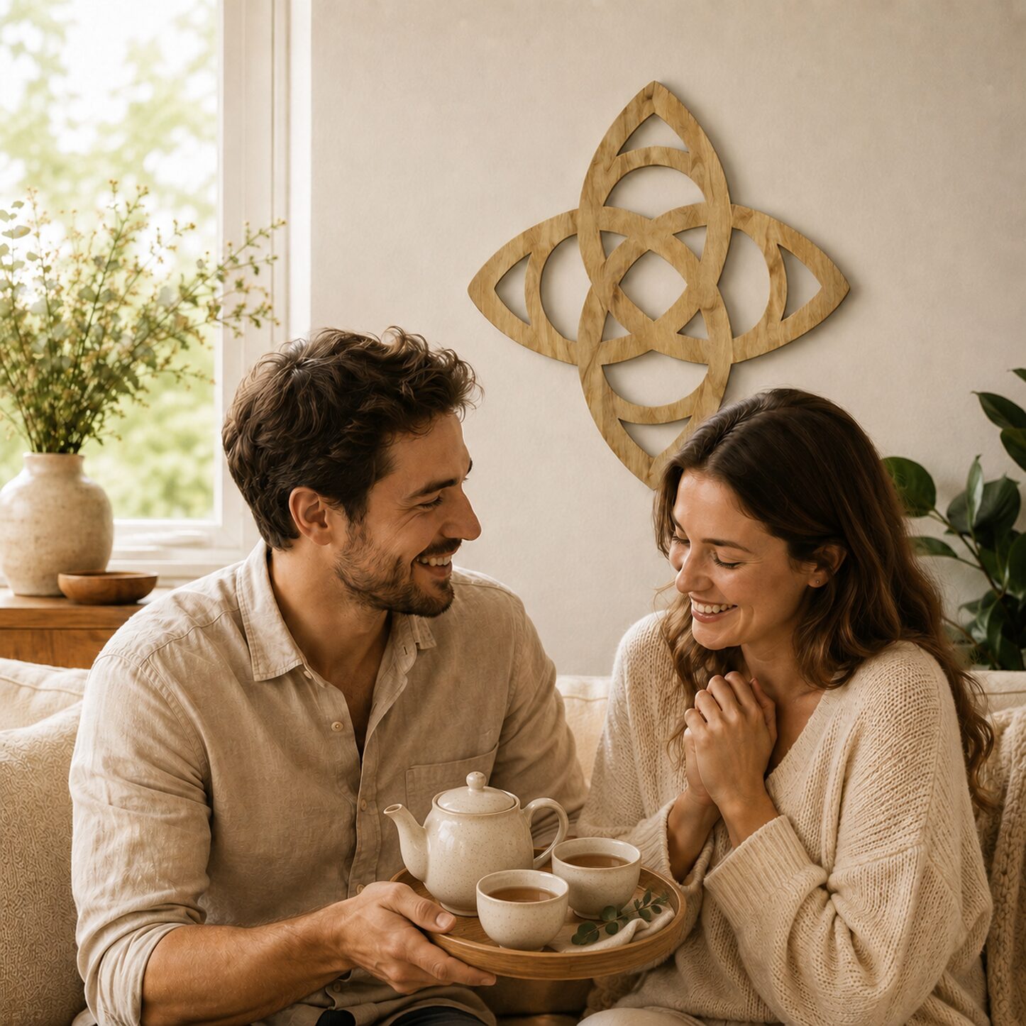 Light wood Celtic Trinity Knot wall decor displayed above a smiling couple sharing tea in a warm, neutral living room.