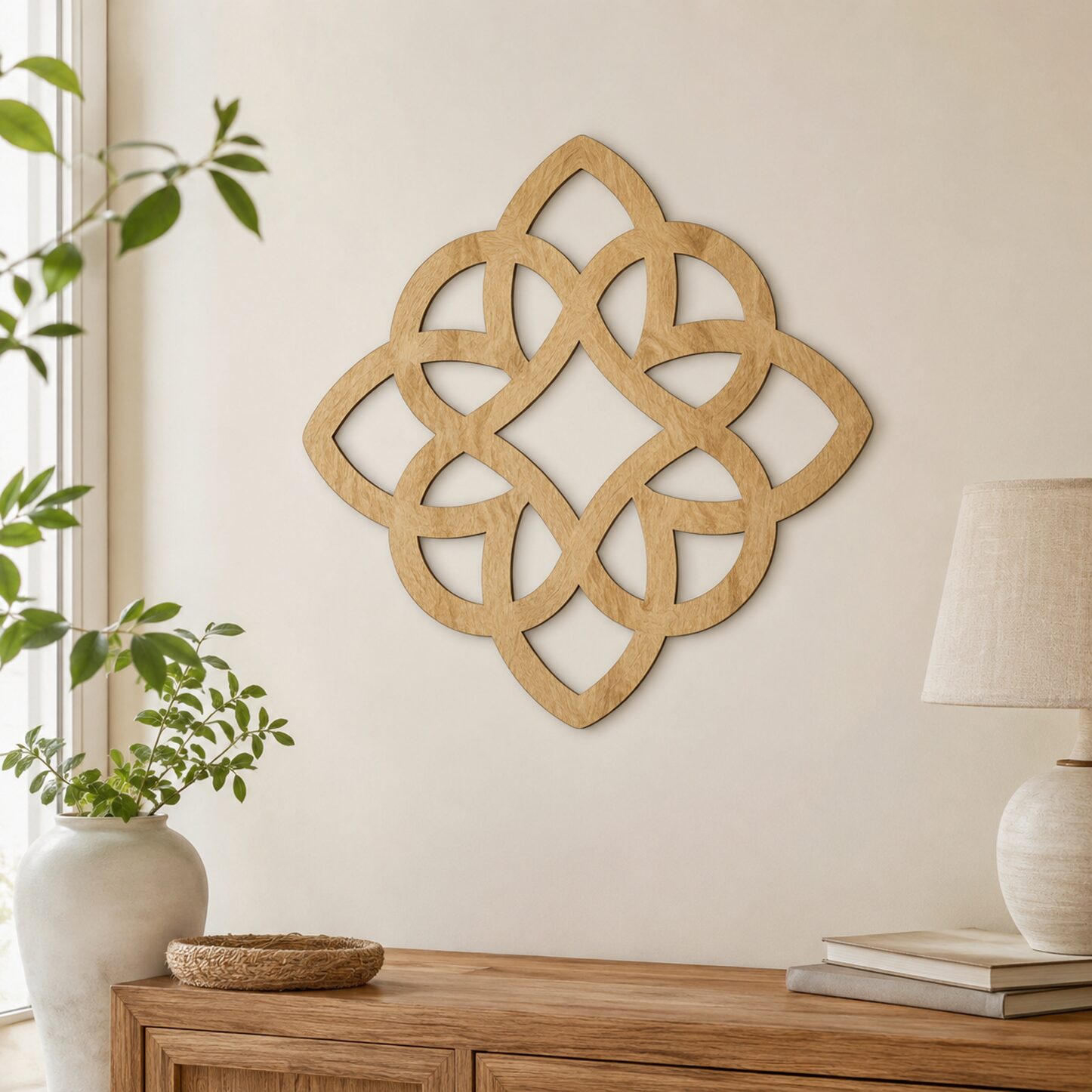Celtic knot wooden wall decor displayed on a neutral beige wall above a wooden console table in a bright, natural interior.