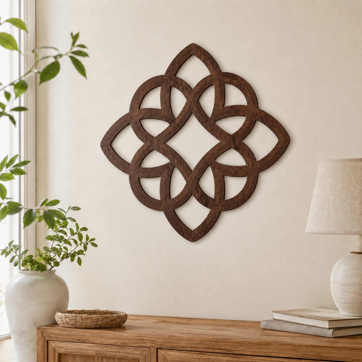Dark wood Celtic knot wall decor displayed on a neutral beige wall above a wooden console table in a bright, natural interior.