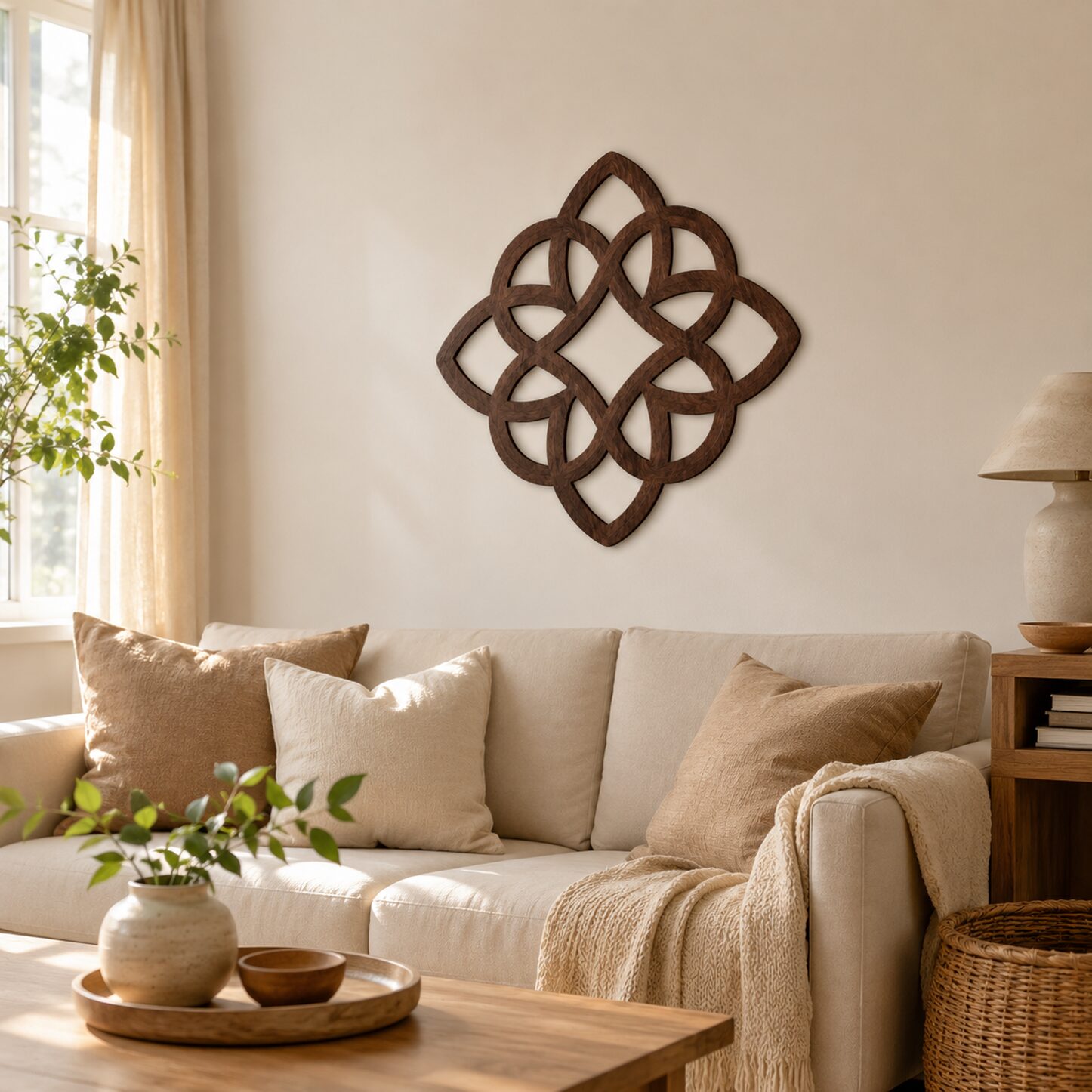 Dark wood Celtic knot wall decor displayed above a cream sofa in a warm, sunlit living room with neutral furnishings and natural accents.