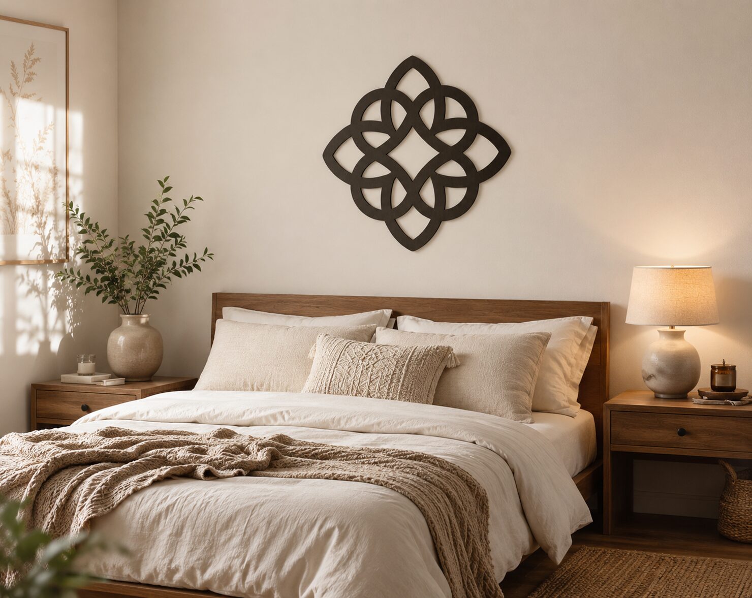 Black Celtic knot wall decor displayed above a wooden bed in a warm neutral bedroom with cream bedding, wooden nightstands, greenery, and soft lighting.