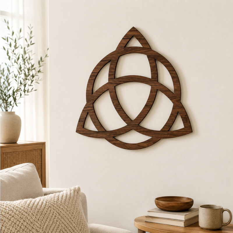Close-up of wooden Celtic Triquetra wall decor displayed in a warm neutral interior.