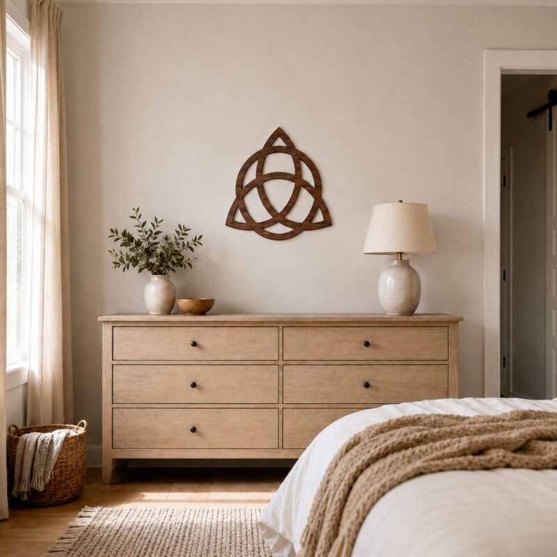 Wooden Celtic Triquetra wall decor displayed above a dresser in a warm neutral bedroom.
