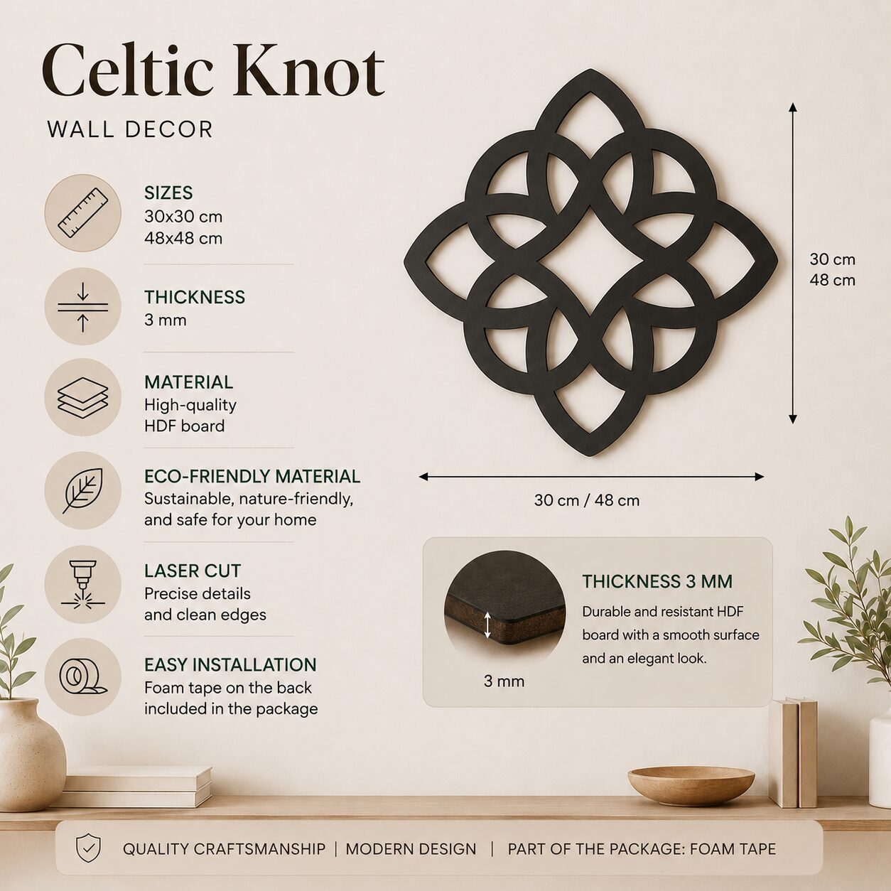 Celtic knot wall decor product infographic showing black HDF wall art, available sizes, 3 mm thickness, material details, laser-cut finish, and foam tape installation.
