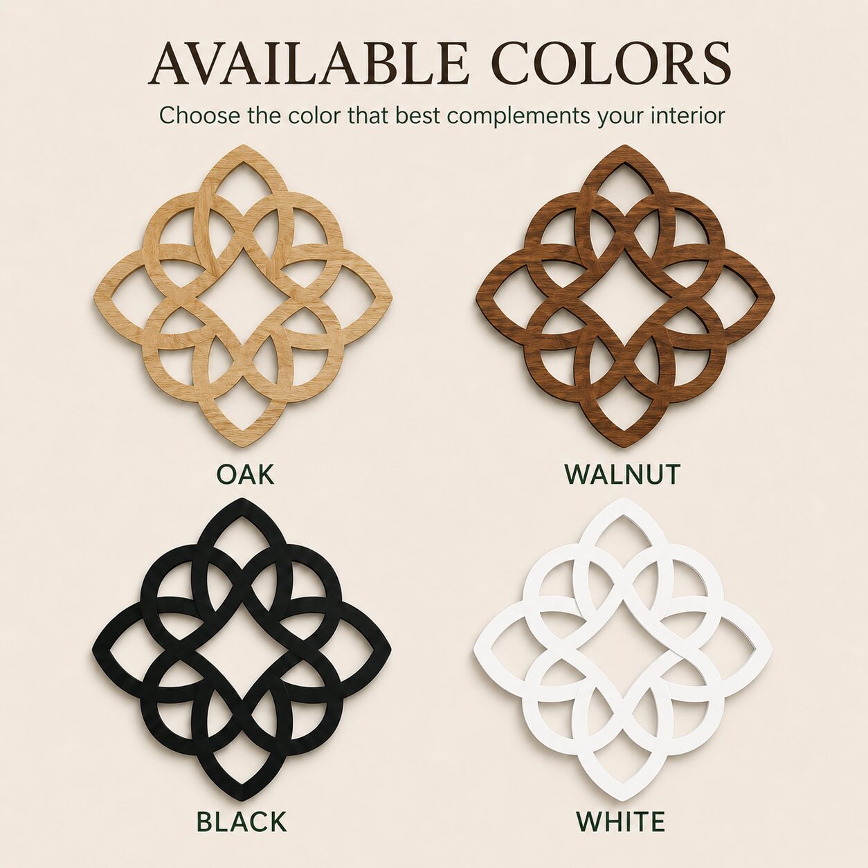 Celtic knot wall decor color options shown in oak, walnut, black, and white finishes.