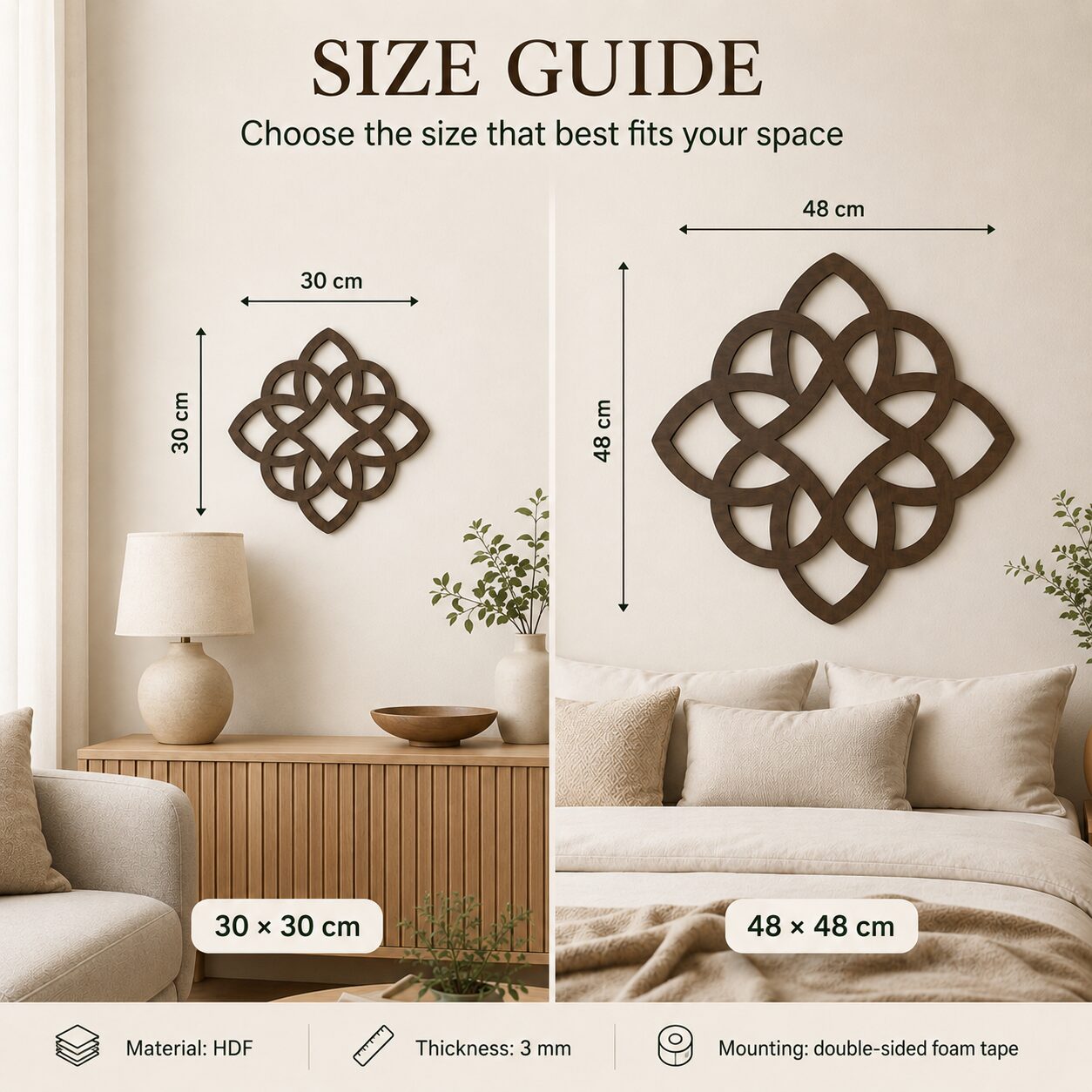 Celtic knot wall decor size guide showing 30 x 30 cm and 48 x 48 cm options, made from 3 mm HDF and mounted with double-sided foam tape.