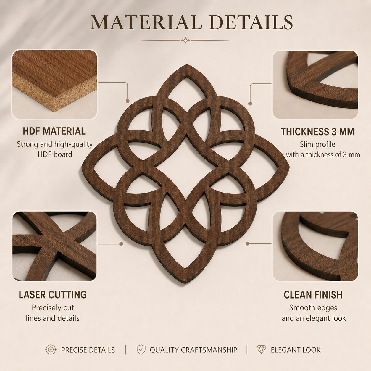 Celtic knot wall decor material details showing HDF construction, 3 mm thickness, laser-cut precision, and smooth finished edges.