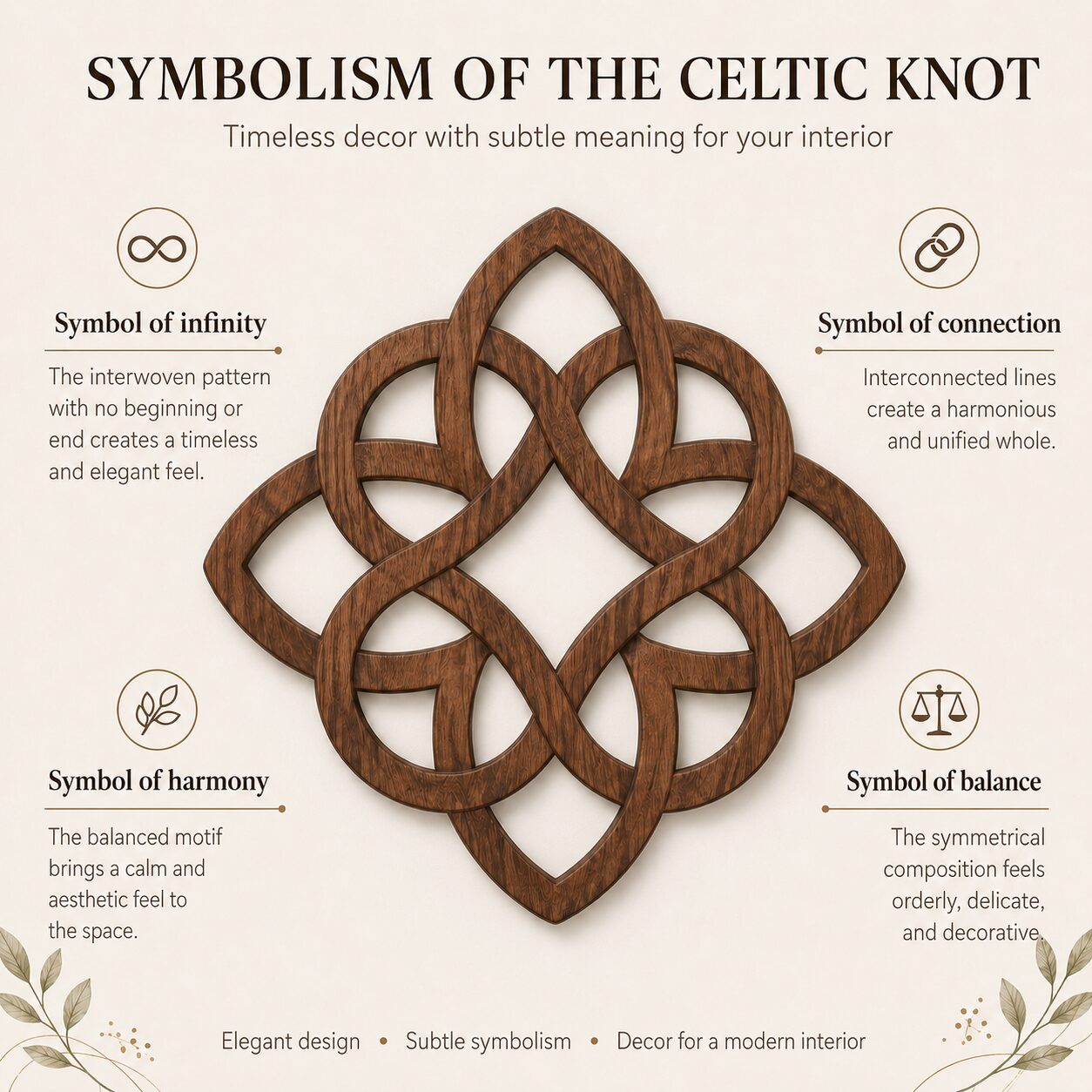 Celtic knot wall decor symbolism infographic highlighting infinity, connection, harmony, and balance in an interwoven wood-style design.