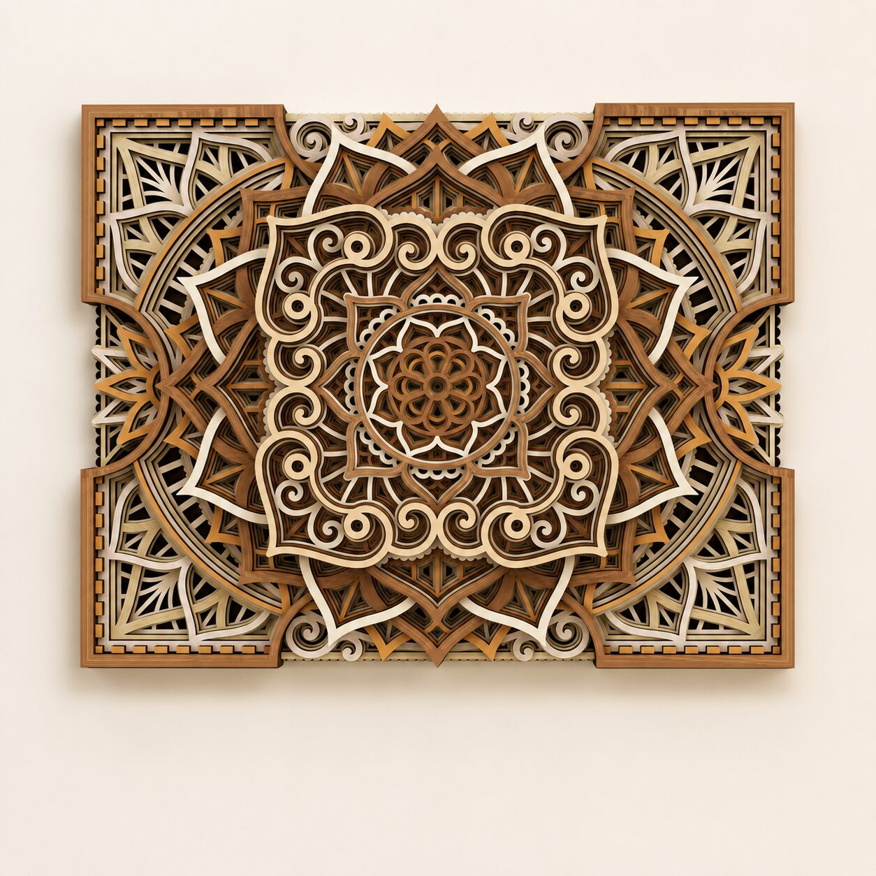 Natural wood and cream multilayer mandala wall art with intricate geometric, floral, and scrollwork details.