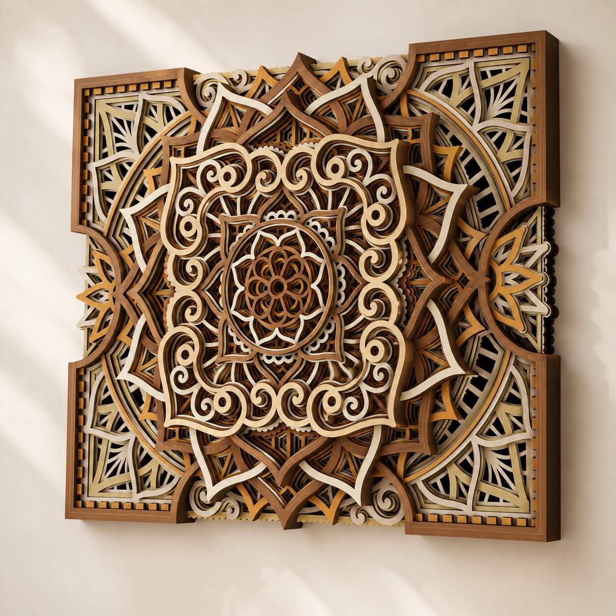 Angled close-up of natural wood multilayer mandala wall art showing intricate carved patterns and dimensional depth.