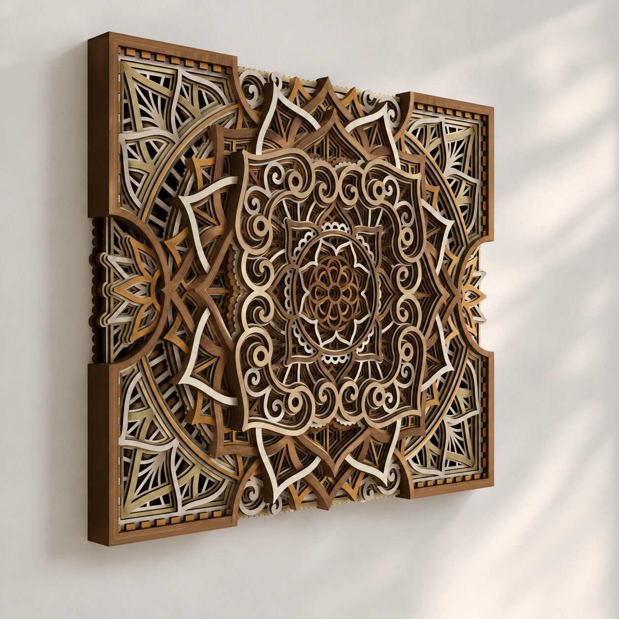 Angled side view of natural wood multilayer mandala wall art showing intricate cut layers and strong 3D depth.