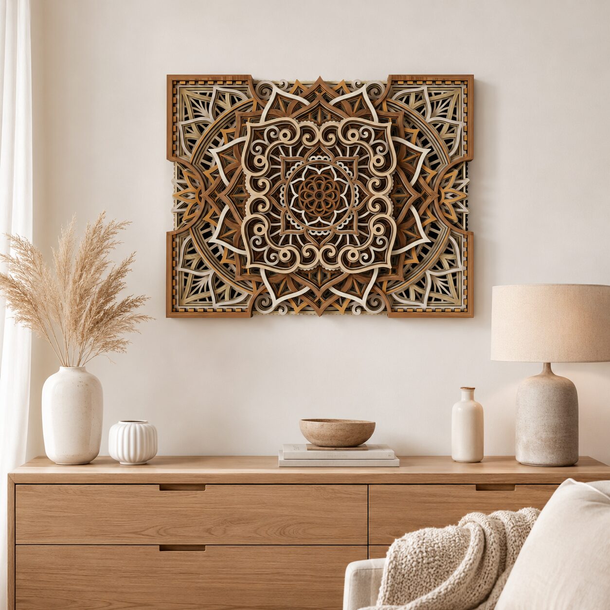 Natural wood multilayer mandala wall art displayed above a wooden dresser in a warm neutral interior.