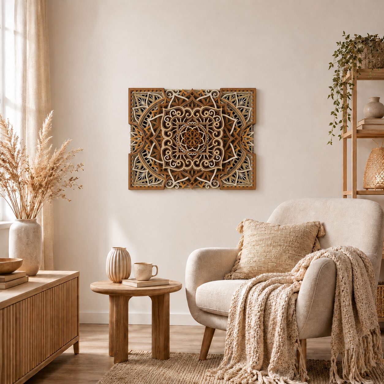 Natural wood multilayer mandala wall art displayed above a cozy armchair in a warm neutral living room.