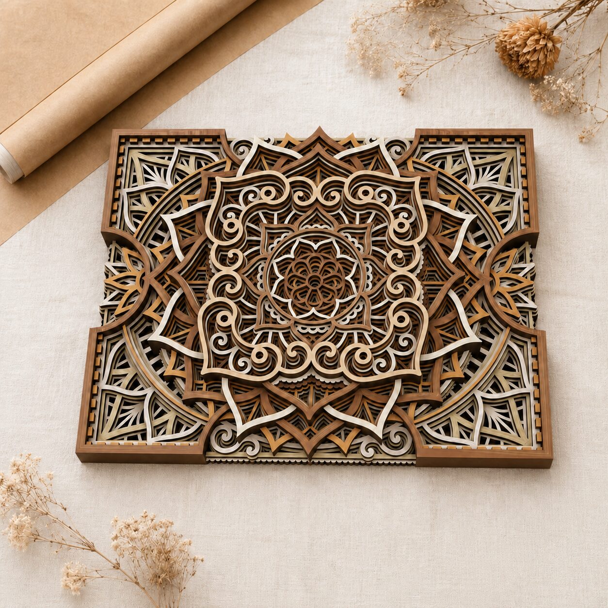 Close-up of natural wood multilayer mandala wall art with intricate geometric, floral, and scrollwork details.