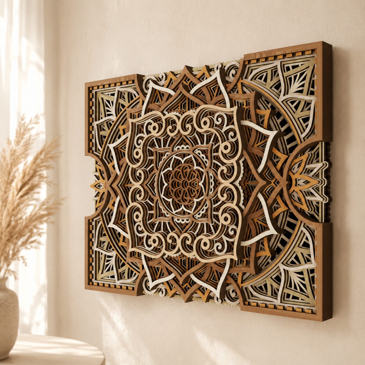 Angled view of natural wood multilayer mandala wall art showing intricate layered construction and 3D depth.