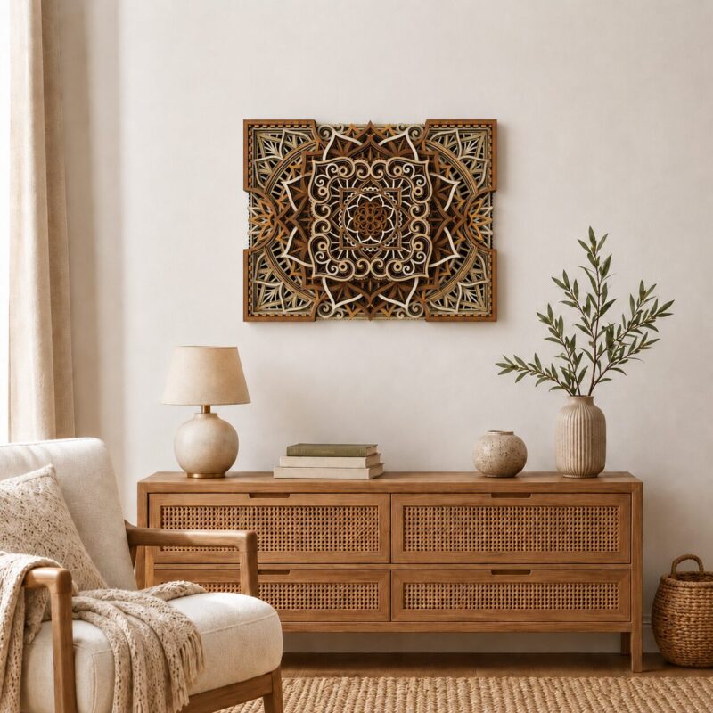 Natural wood multilayer mandala wall art displayed above a wooden console in a warm neutral living room.
