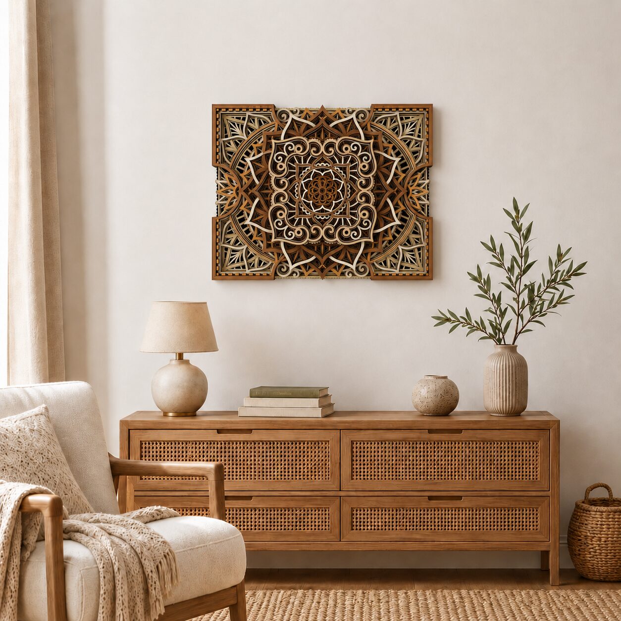 Natural wood multilayer mandala wall art displayed above a wooden console in a warm neutral living room.