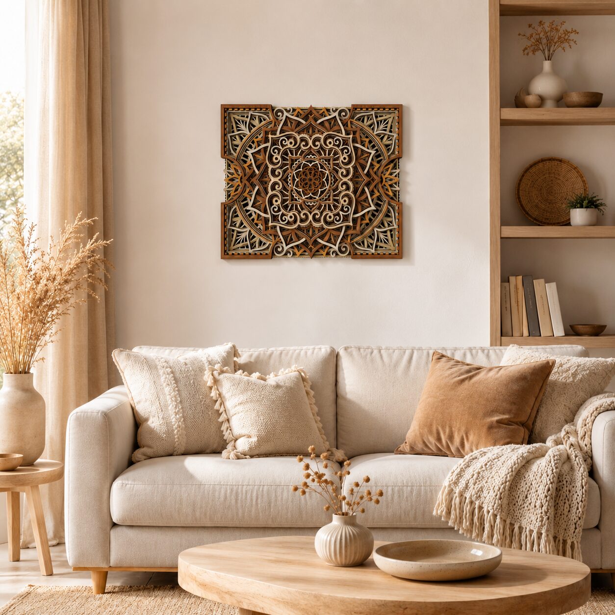 Natural wood multilayer mandala wall art displayed above a cream sofa in a warm neutral living room.