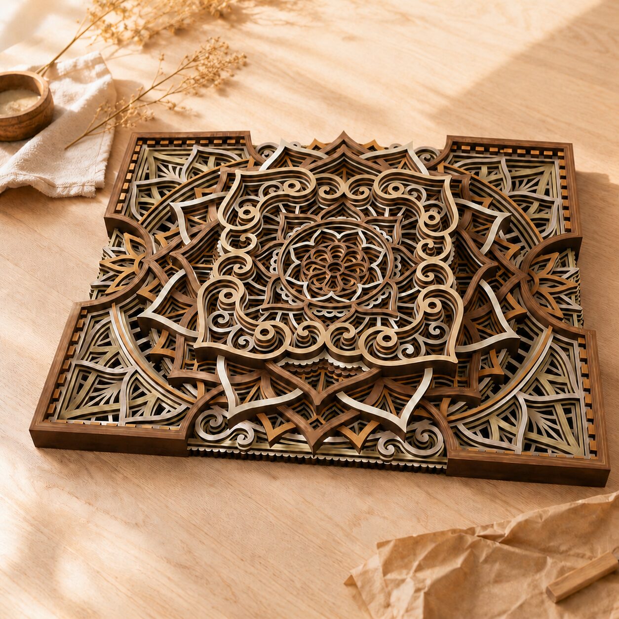 Close-up of natural wood multilayer mandala wall art showing intricate layered geometric and floral details.