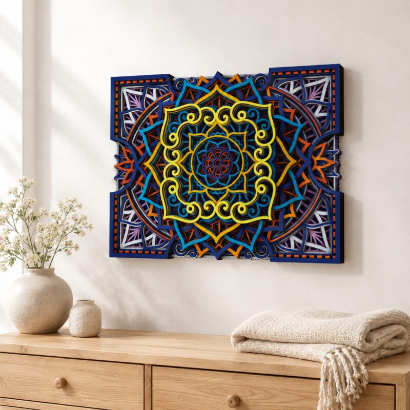 Colorful multilayer wooden mandala wall art displayed above a light wood dresser in a neutral interior.