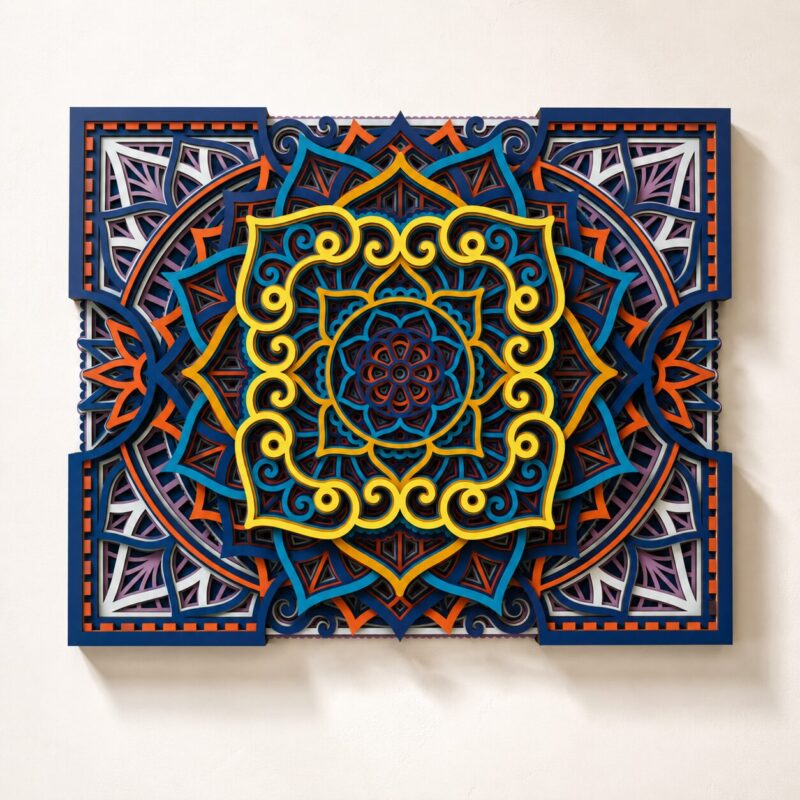 Front view of colorful multilayer wooden mandala wall art with intricate floral and geometric patterns.
