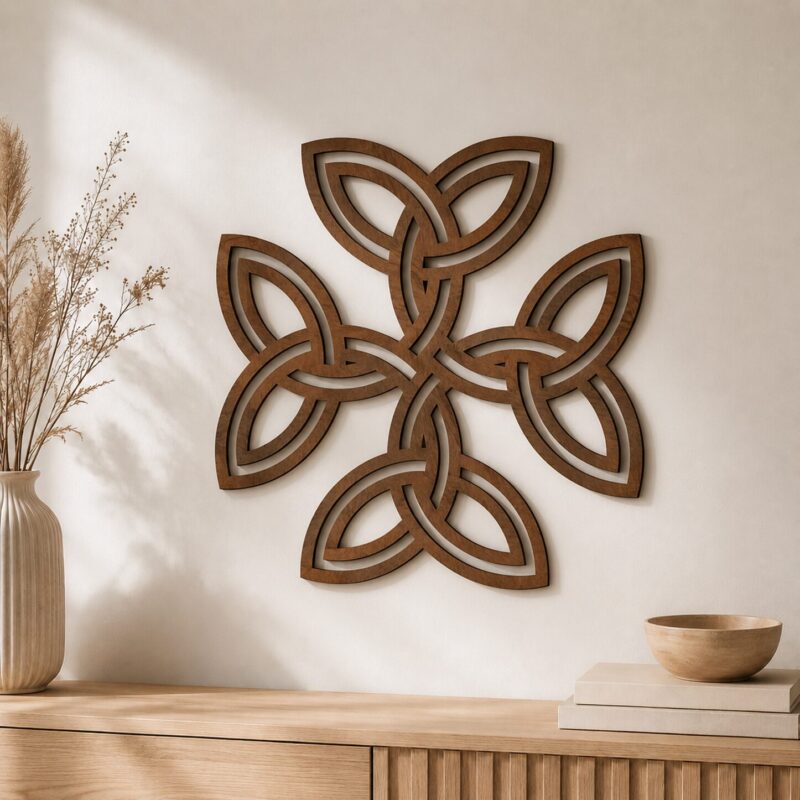 Walnut Celtic Knot wall decor with four interwoven leaf-shaped motifs displayed above a wooden console in a warm neutral interior.