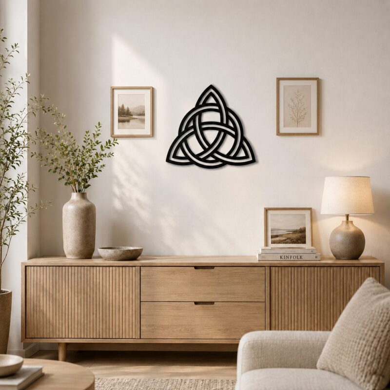 Black Celtic Knot wall decor displayed above a wooden sideboard in a bright neutral living room.