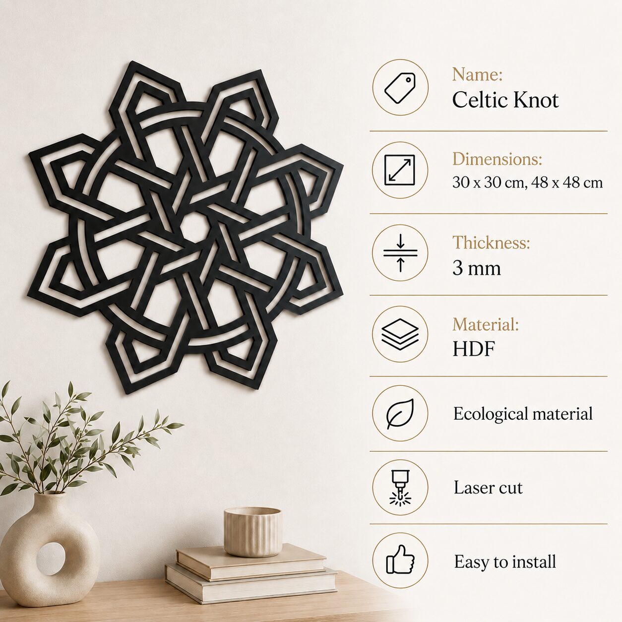 Black geometric Celtic Knot wall decor product specifications showing 30 x 30 cm and 48 x 48 cm sizes, 3 mm HDF material, laser-cut construction and easy installation.