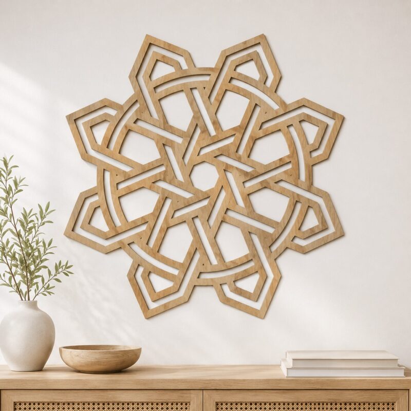 Geometric Celtic Knot wall decor in a light oak finish displayed above a wooden console in a warm neutral interior.
