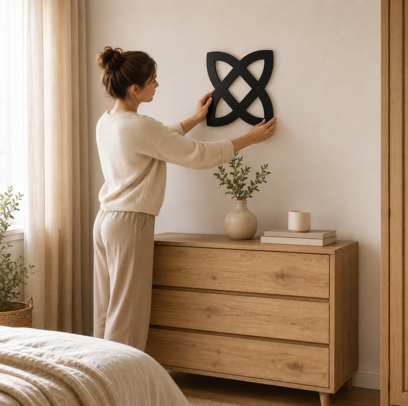 Woman mounting black Celtic knot wall decor above a wooden dresser