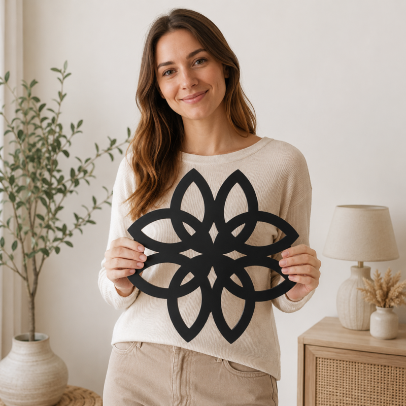 Woman holding black Celtic knot flower wall decor in a neutral home interior