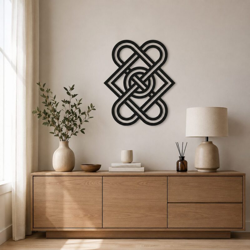 Black Celtic knot wall art above a wooden sideboard in a minimalist neutral interior.