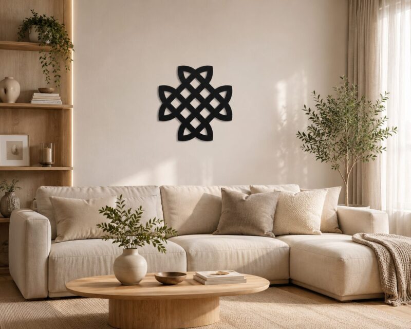 Black Celtic Knot wall decor displayed above a cream sectional sofa in a bright modern living room.